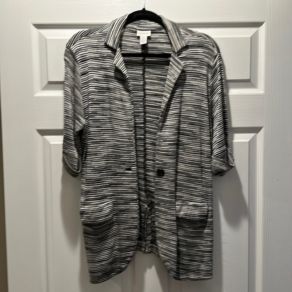 Chicos size 3 black and white stripe shirt sleeve stretch blazer